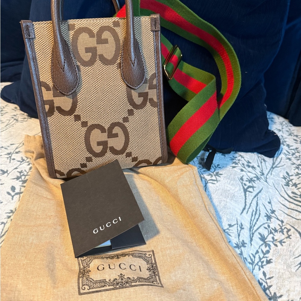 Gucci Brown GG Canvas Mini Tote with Green and Red Web Strap